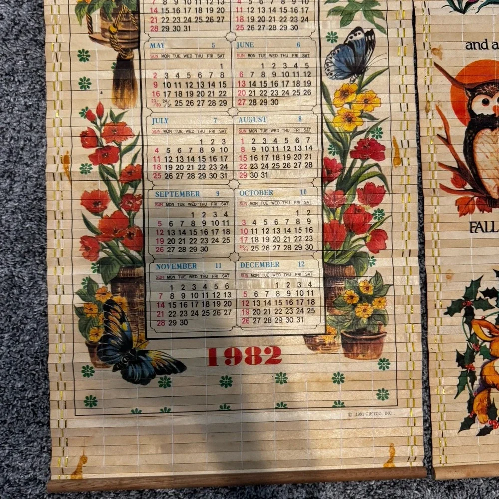 Vintage Giftco 1982, 1983 & 1992 Bamboo Art Wall Scroll Calendars Lot Butterfly